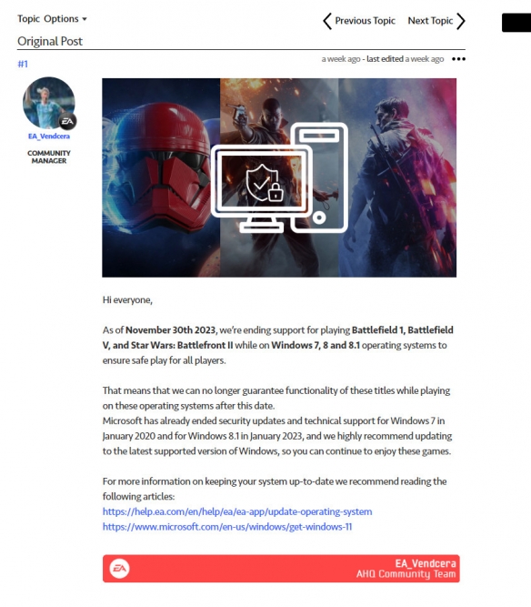 EA发文称《战地1》等游戏本月底将不再支持Win7_DD220游戏联盟